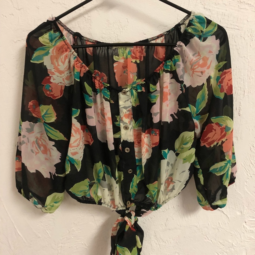 Sheer floral front tie crop top